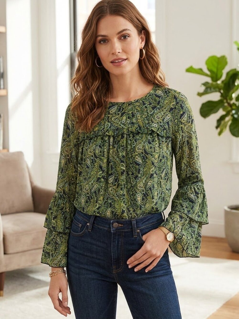 Michael Kors Paisley Top Blouse Navy And Green Ruffled Tiered Sleeve